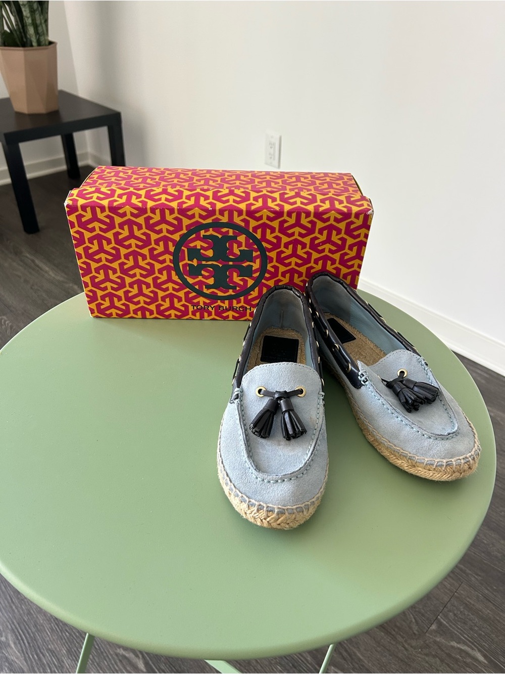 Tory Burch Light Blue Suede Tassel Espadrille Loafers with Black Tassels